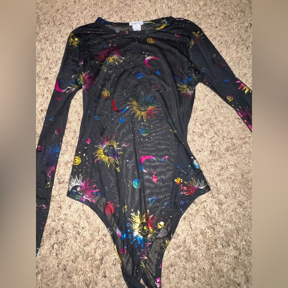 Rue 21 Sheer black top with galaxy rainbow color.
